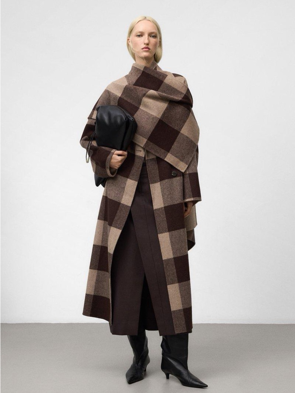 Adolfo Dominguez Merino Wool Check Maxi Coat + Matching Wrap NWT US 10